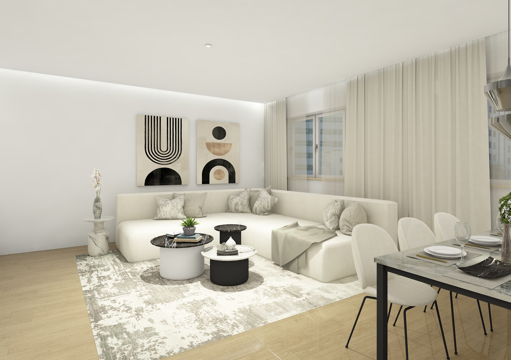 render 3d soggiorno e sala da pranzo